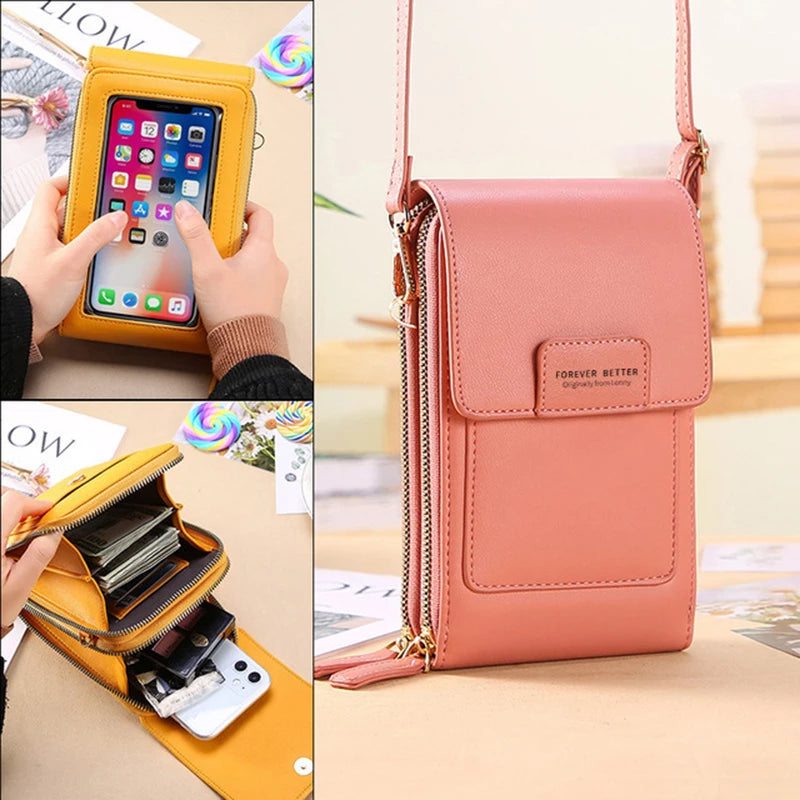 Bolsa feminina compacta com compartimento transparente para celular em várias cores - Pitah Shop