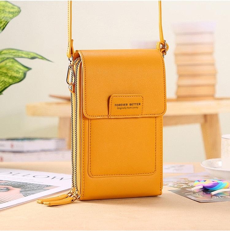 Bolsa feminina compacta com compartimento transparente para celular em várias cores - Pitah Shop